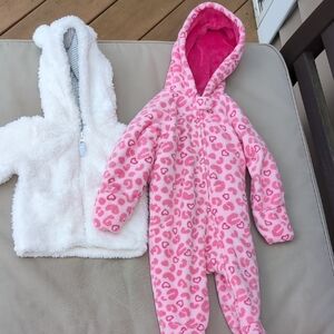 Winter Gear Snowsuit Pink Leopard Print Baby One Piece With White Coat. Size 3-6